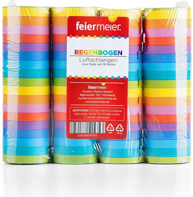 feiermeier Luftschlangen „Regenbogen“ | 4 m | 4 Rollen mit je 18 Streifen | Bunte Partydeko für Geburtstag, Karneval & Silvester