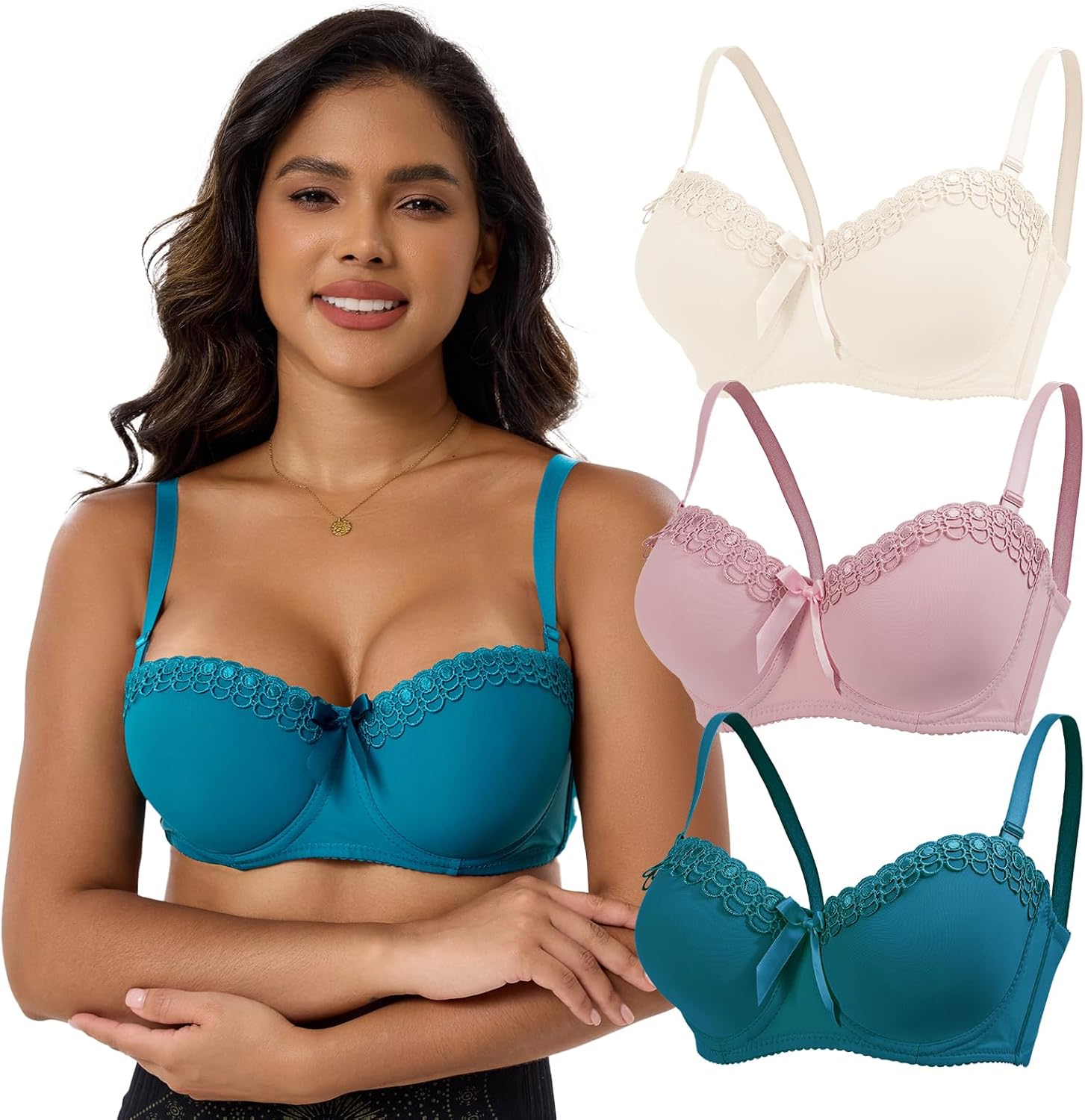 3-Pack Bras for Women Underwire Push Up Bra Set with Padding Adjustable Removable Straps Compression Bra for Womens