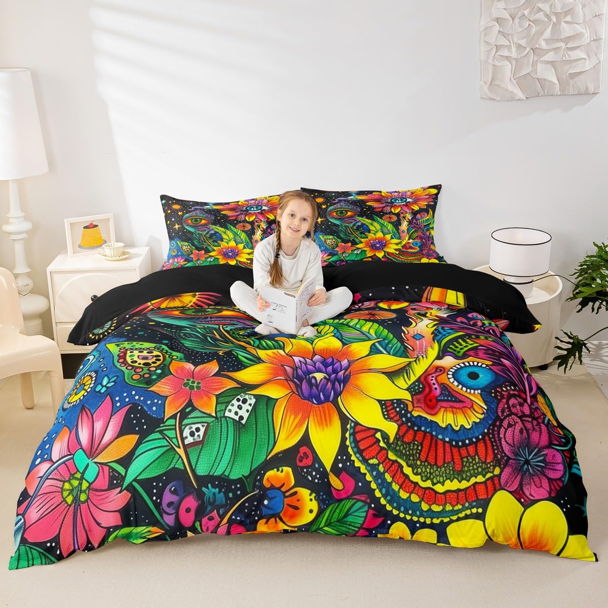 Manfei Groovy Hippie Duvet Cover Set King Size,Colorful Tropical Flower Bedding Sets 3Pcs for Kids Girls Boys Adult Room Decor,Trippy Eye Print Comforter Cover Retro Boho Quilt Cover,2 Pillowcases