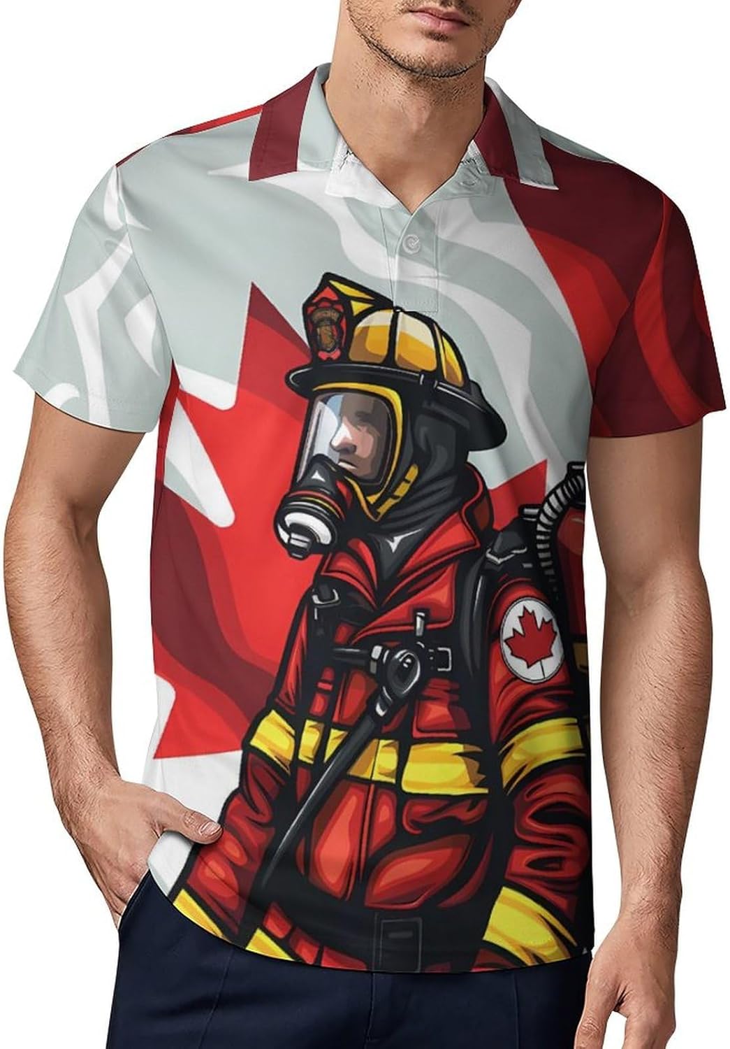 Firefighter Fireman Canada Flag Novelty Men's Short Sleeve Shirt Golf Tennis Shirts Work T-Shirt Sport Tee