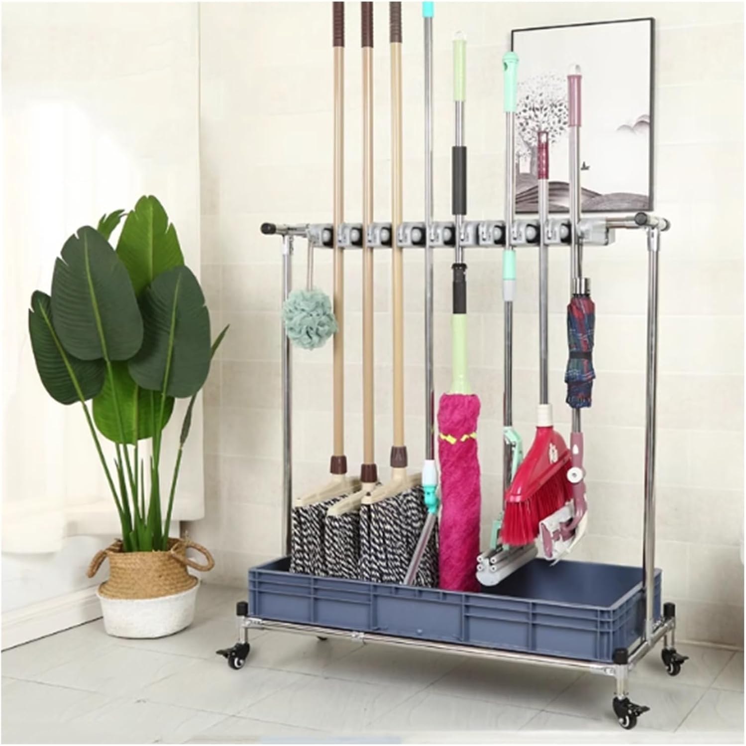 Movable Broom Mop Holder, Hand Trucks Broom, Floor-Mounted Mop Rack, Commercial Cleaning Tool Cart, Standing Broom Closet Cabinet