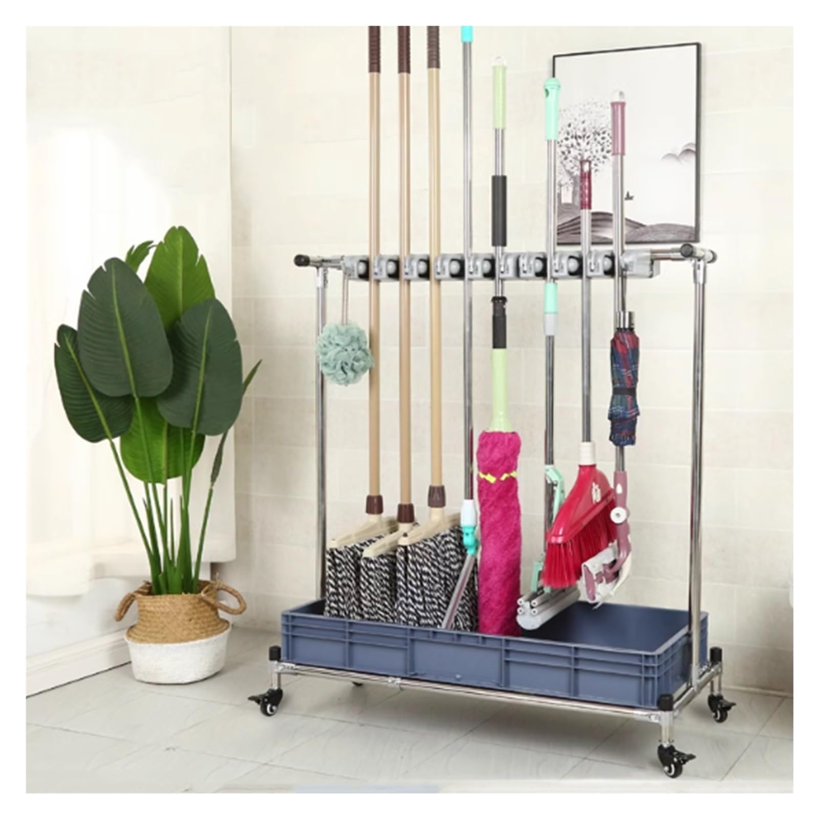 FYIYIEW broom holder, Movable Broom Mop, Hand Trucks, Floor-Mounted Rack(Mobile,96 * 42 * 105Cm(20Slots))