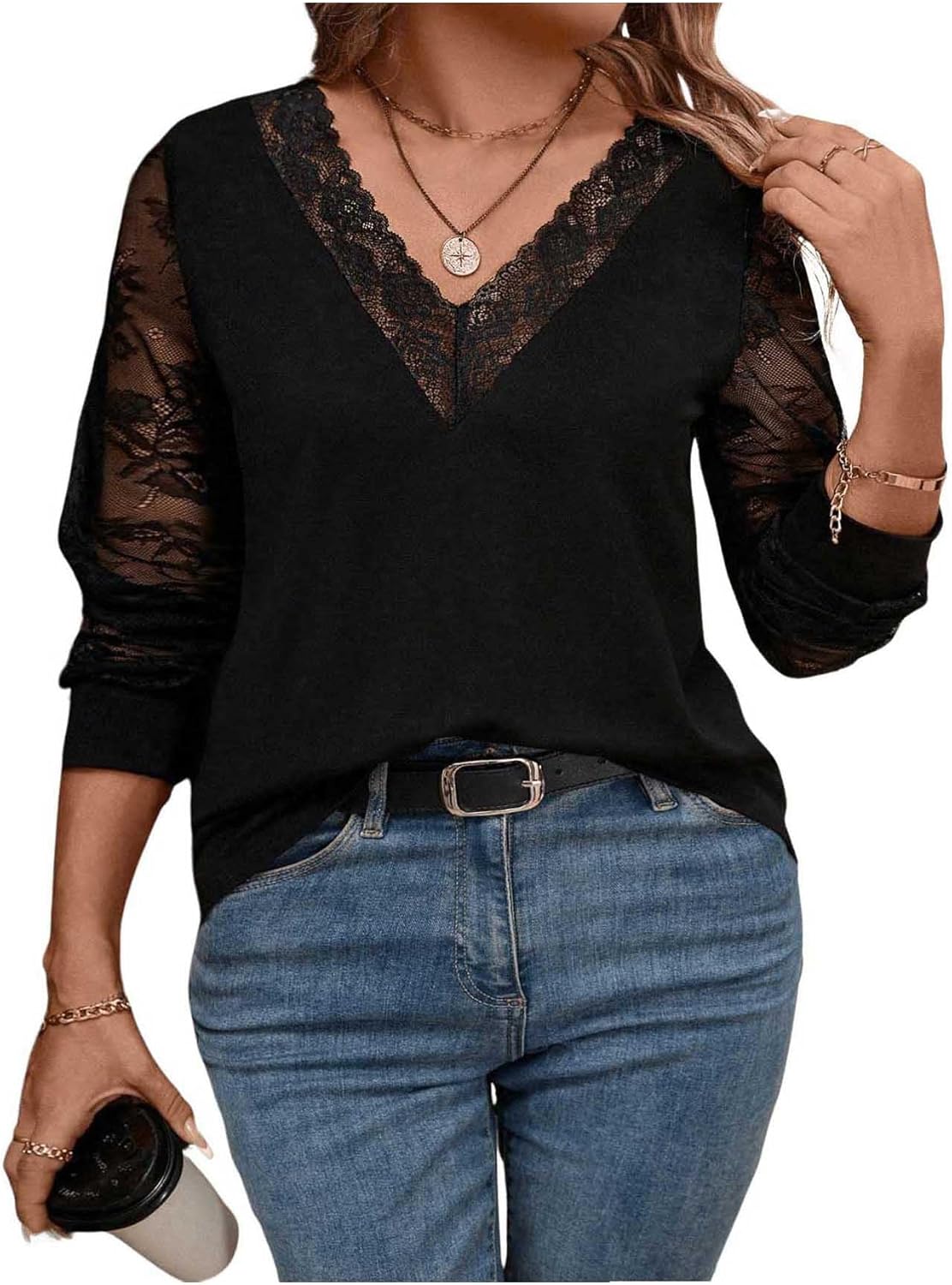 SweatyRocks Women's Plus Size Lace Tops Mesh Long Sleeve V Neck Fitted Tees Shirts - Image 4