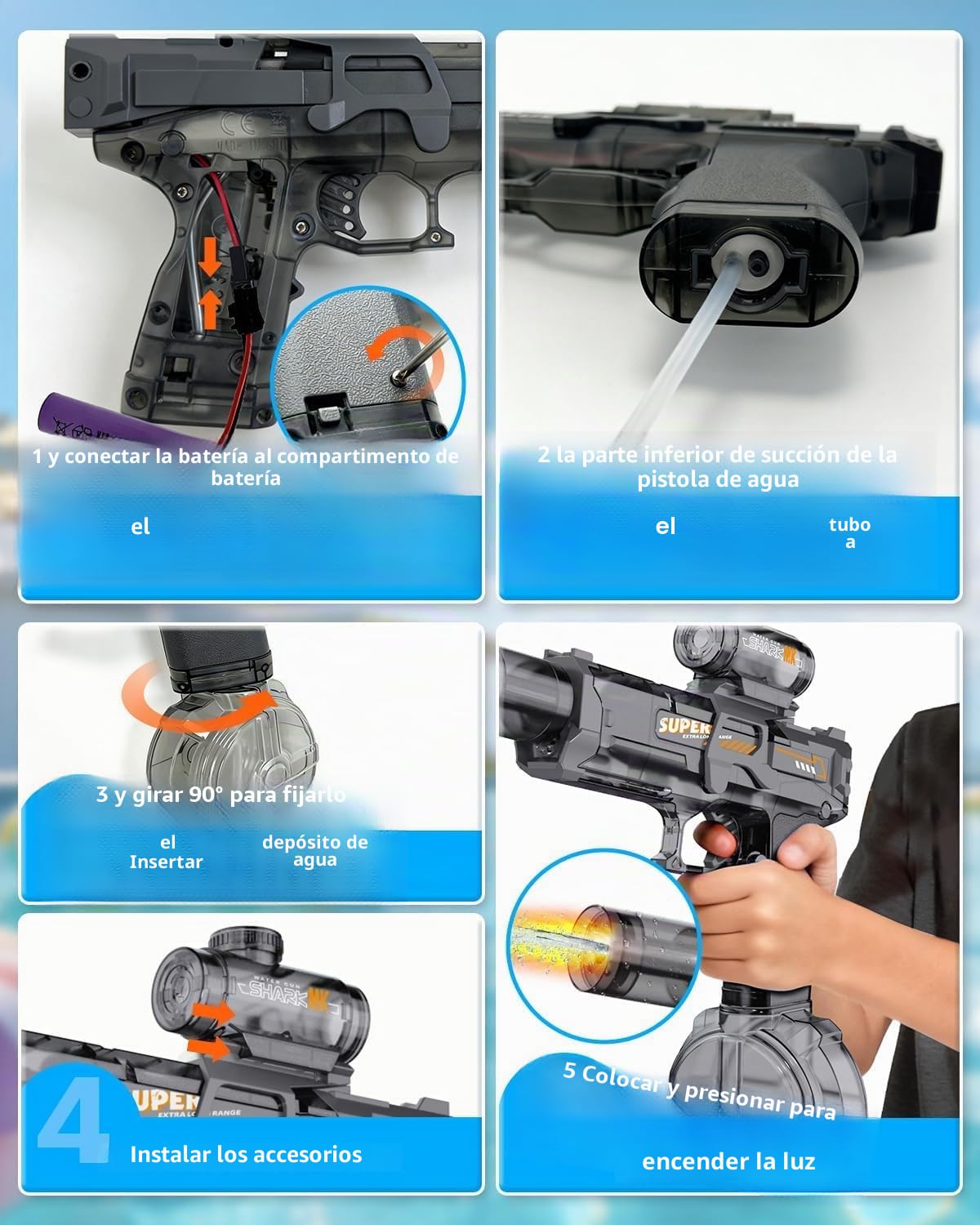 Pistola de agua eléctrica 2 piezas, pistola de agua eléctrica Splasher totalmente automática para niños y adultos, pistola de agua con energía acuática, pistola de agua 320 cc, capacidad de juguete de