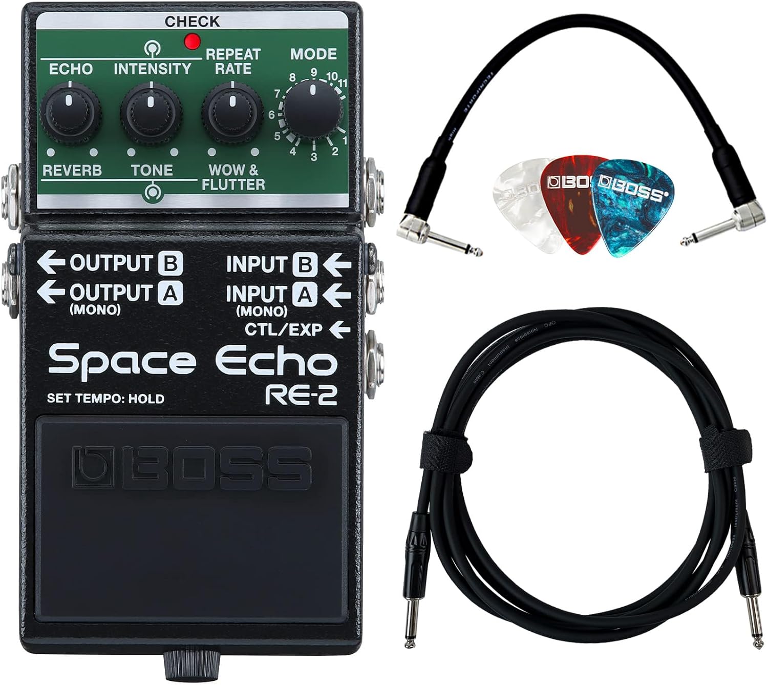 Boss RE-2 Space Echo Delay and Reverb Effects Bundle with Gearlux Instrument Cable, Patch Cable, and Picks