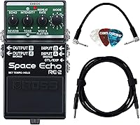 Vista 1 de Boss RE-2 Space Echo Delay and Reverb Effects Bundle con cable de instrumento Gearlux, cable de conexión y púas