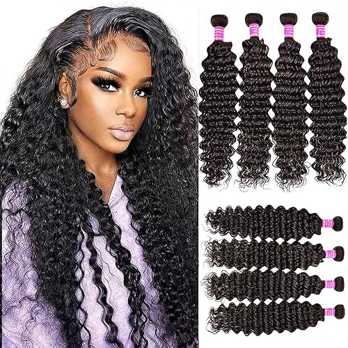 Deep Wave Human Hair Bundles 18 20 22 24 Inch Curly Wave Bundles Human Hair 4 Bundles Deep Wave Bundles Hair Extensions 100% Unprocessed Brazilian Virgin Hair Weave Bundle Natural Color