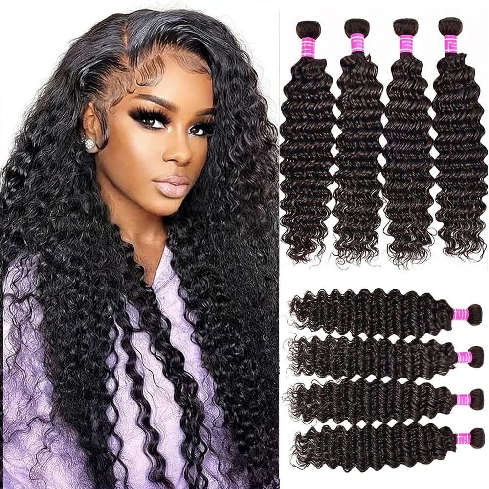 Deep Wave Bundles 24 24 24 Inch 100% Unprocessed Brazilian Virgin 3 Bundles for Women 16A Wet and Wavy Human Hair Bundles Quick Weave Natural Black Color