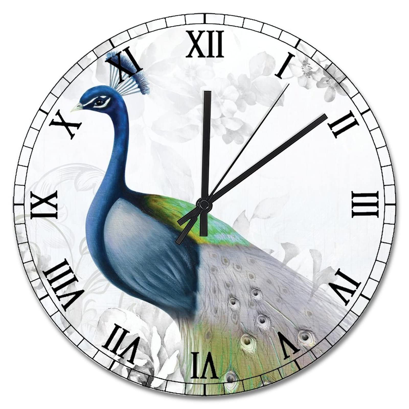 Horloge murale vintage en bois de 38cm avec un paon bleu élégant