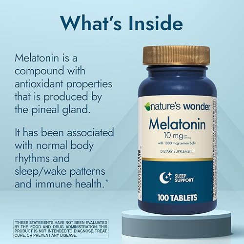 Miniatura 2 de Nature's Wonder Melatonina sin medicamentos de 10 mg con tabletas de bálsamo de limón para la salud del sueño de los adultos, ayuda para dormir 100%