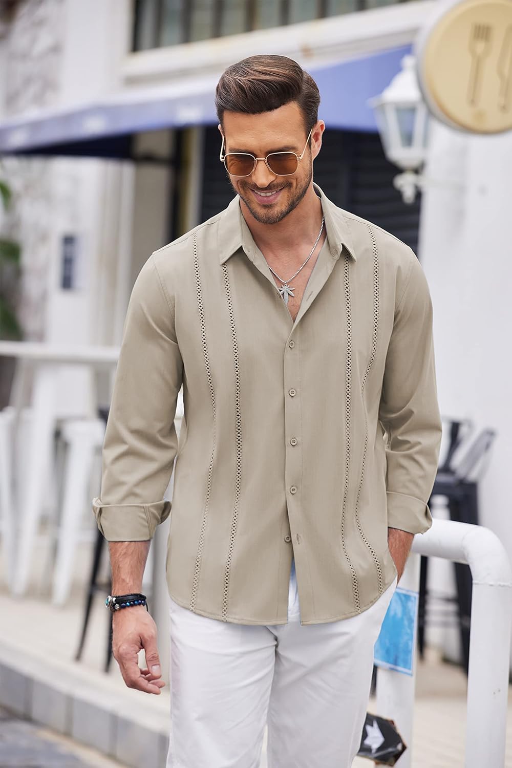 COOFANDY Mens Cuban Guayabera Shirt Casual Button Down Shirts Long Sleeve Summer Beach Shirts - Image 4