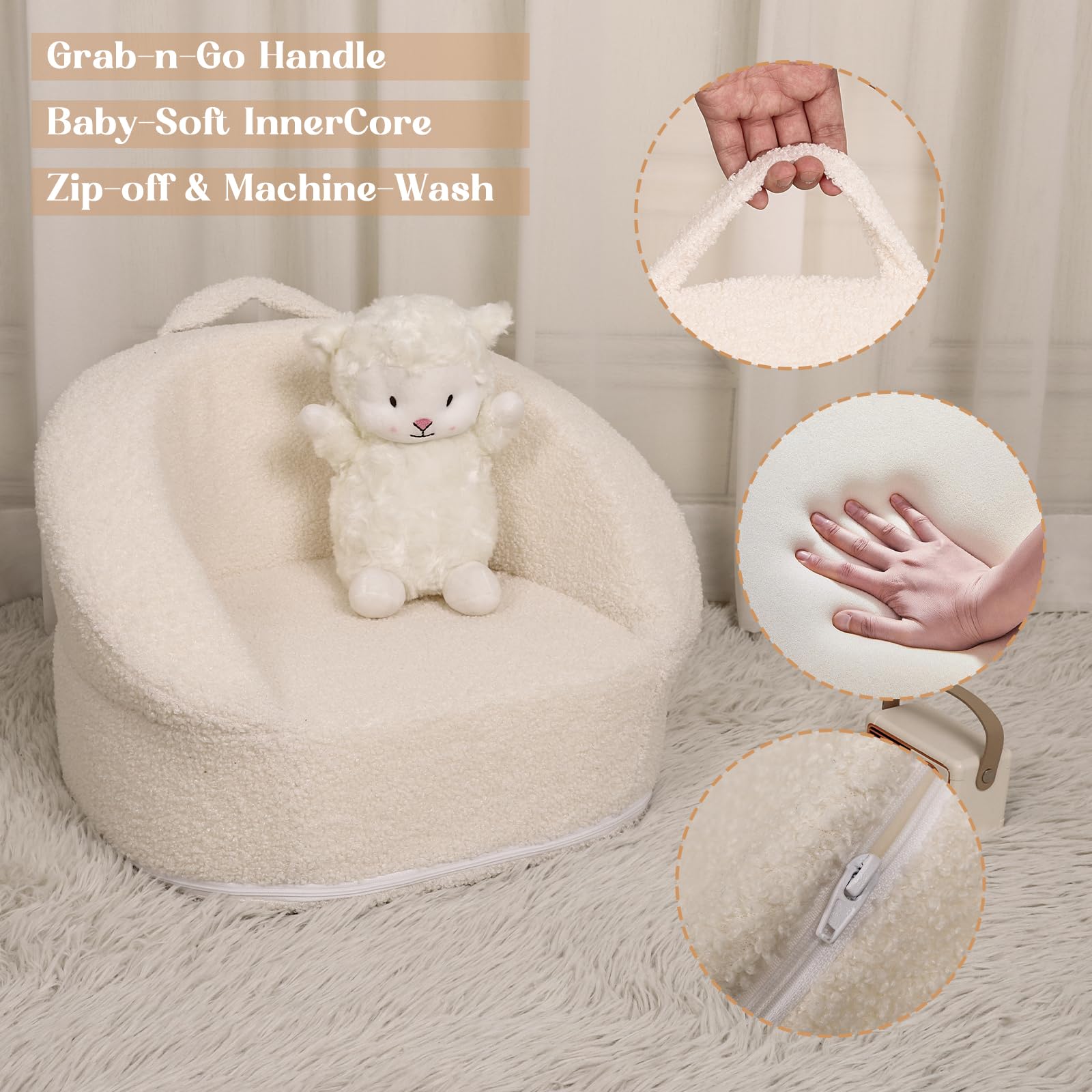 Mini sofá de peluche para niños, silla portátil compacta de 17.3 pulgadas con asa de transporte, funda lavable, diseño seguro y resistente, adecuada para niños y niñas, color blanco 8
