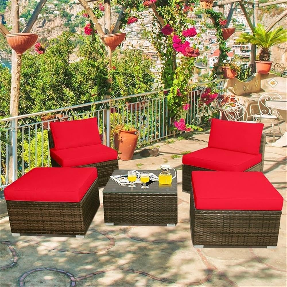 Pemberly Row 5-Piece Rattan Patio Furniture Set, PE Wicker & Steel Construction, Red Cushions, Modular Design, Tempered Glass Coffee Table, Weather-Resistant Outdoor Seating for Patio or Balcony