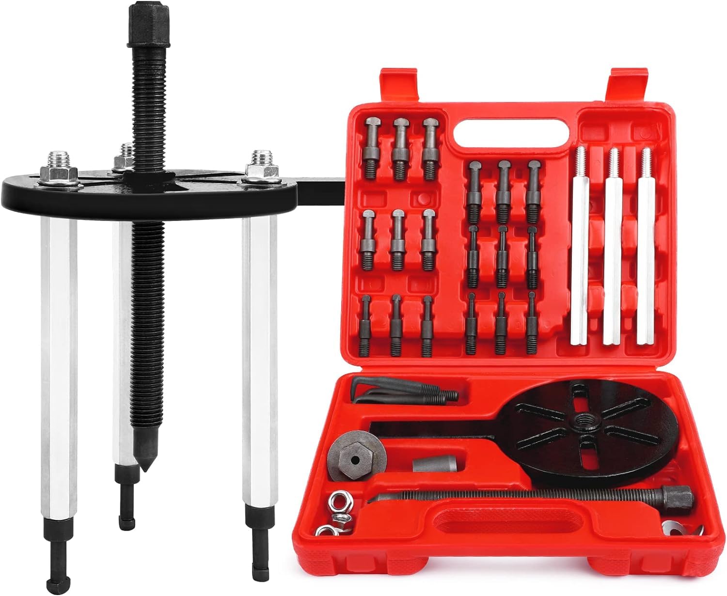 21 in 1 Bearing Puller, Bearing Puller Set with Curved Hook and 6 Sizes of Collets, Inner Hole Three-Jaw Puller, Multifunctional Bearing Removal Tool, with Heavy Duty Portable Storage Case (Red)