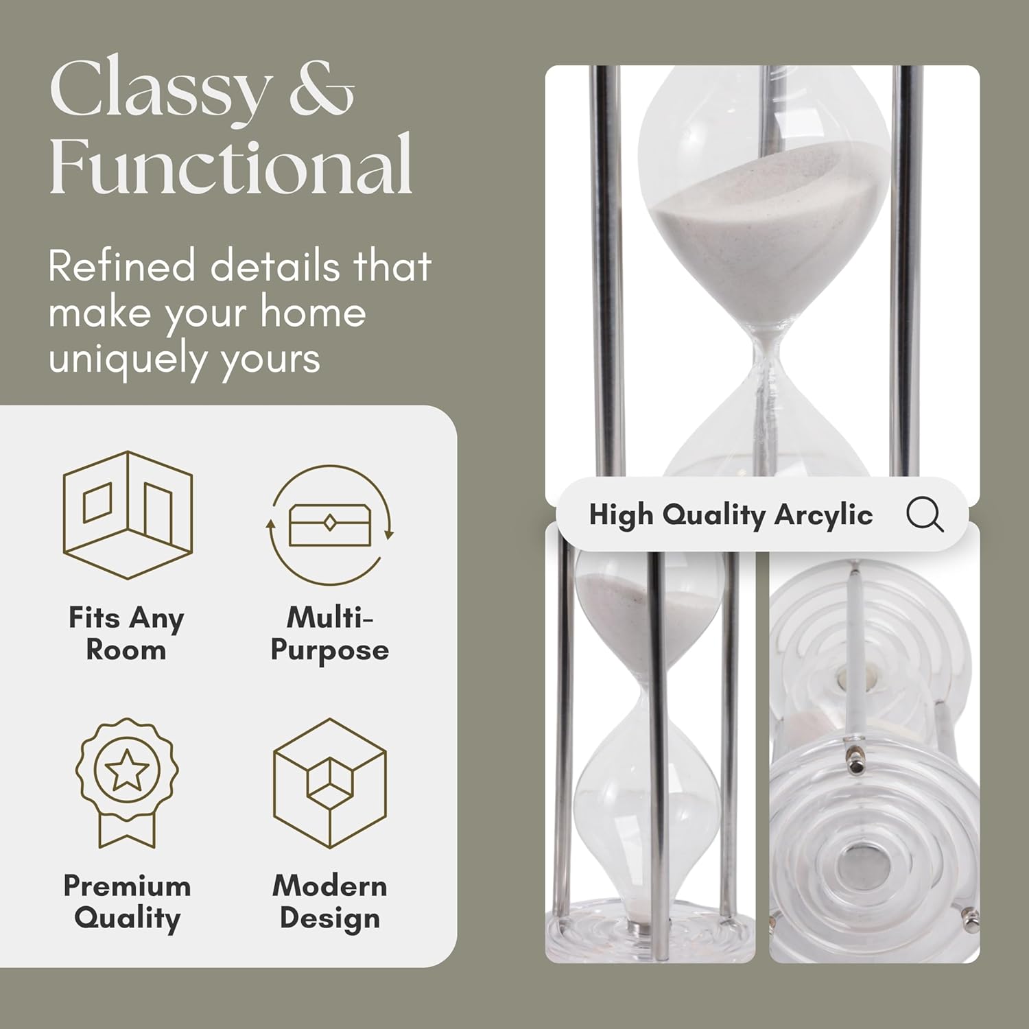 Beckett Acrylic Hourglass Decorative Object – Glass & Metal Modern Home Decor Accent – Artistic Shelf Styling & Coffee Table Decor for Office & Living Room – 12", Silver