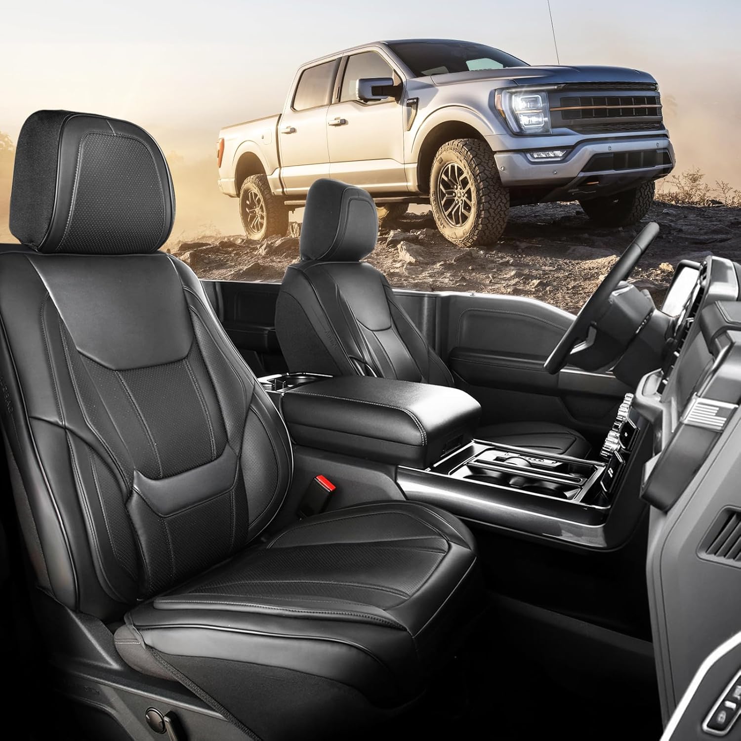 Coverland Custom Fit Car Seat Covers for Truck Compatible with [Silverado 1500, 2500HD, 3500HD, F150, Sierra 1500, 2500HD, 3500HD] Premium Waterproof Interior Protector [Front Black- Size Chart A12]