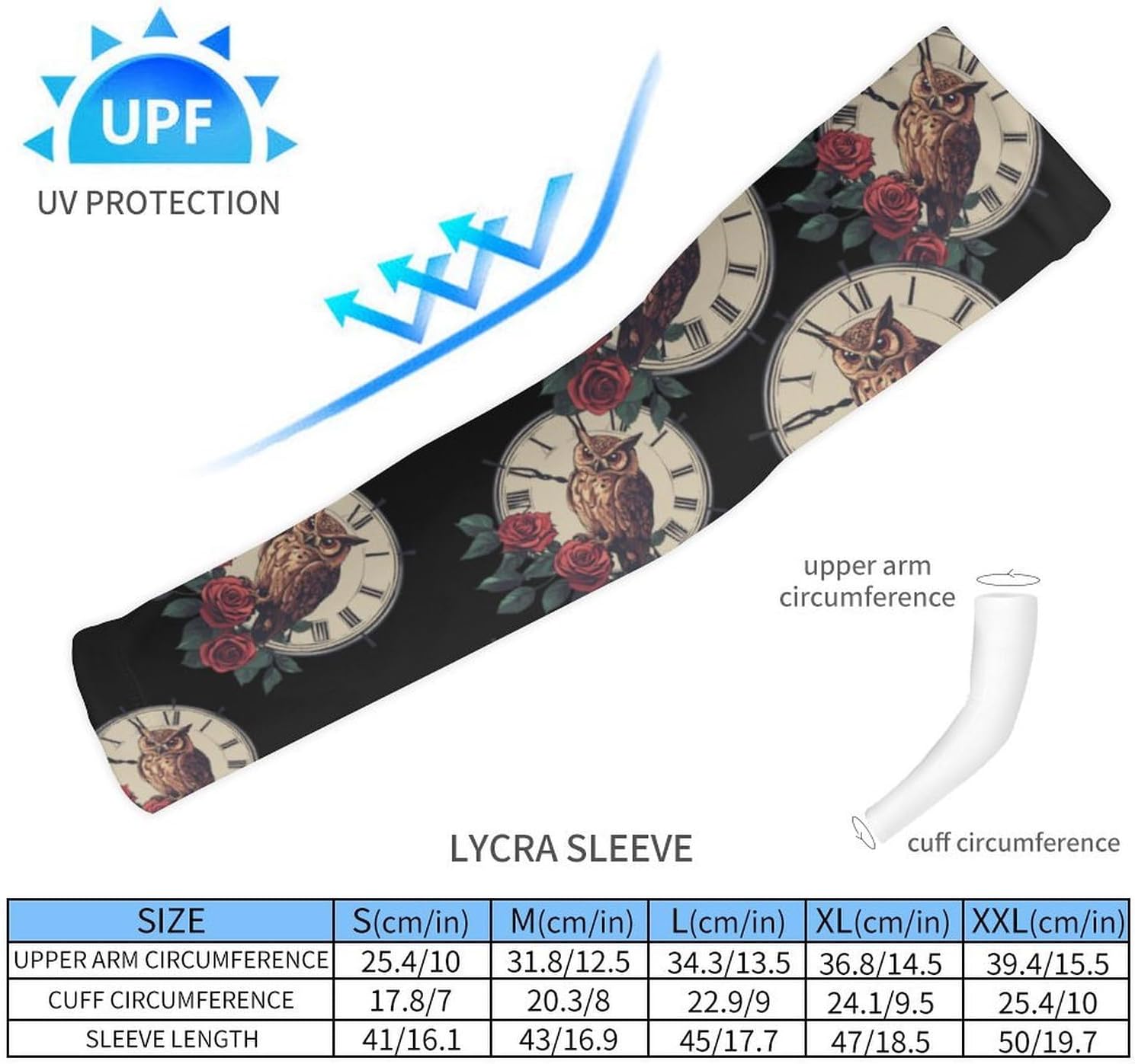 Owl Rose Flowers Clock Arm Sleeves Sun Protection Sleeves Sports Cooling Arm Compression Sleeve for Men Women