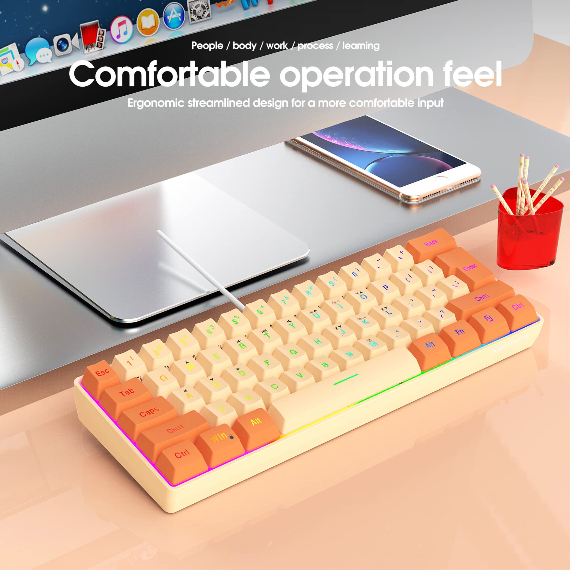 Snpurdiri 60% Wired Gaming Keyboard, RGB Backlit Ultra-Compact Mini Keyboard, Waterproof Mini Compact 61 Keys Keyboard for PC/Mac Gamer, Typist, Travel (Orange and Cream) view 8