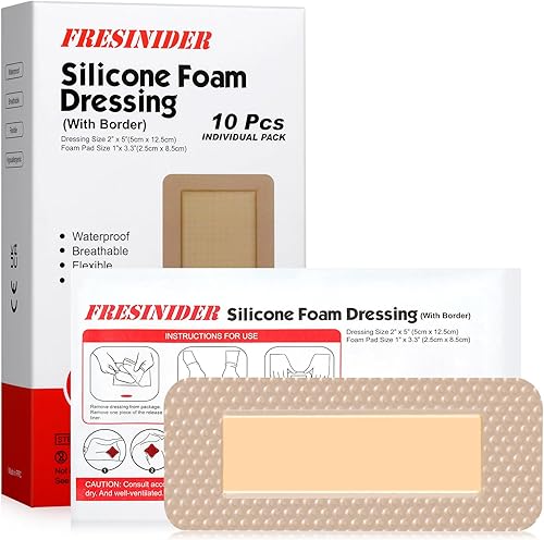 FRESINIDER Paquete de 10 apósitos de espuma de silicona para heridas de 2" x 5" - Vendajes adhesivos impermeables con bordes - Súper absorbentes y