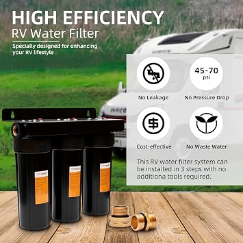 RV Water Filter System,Leak-Free Brass Fittings, Three Filters Included Reduces Sediment,rv Water Filter,Chlorine,Bad Taste and Odors,Suitable for RVs,Boats,Farming & Gardening