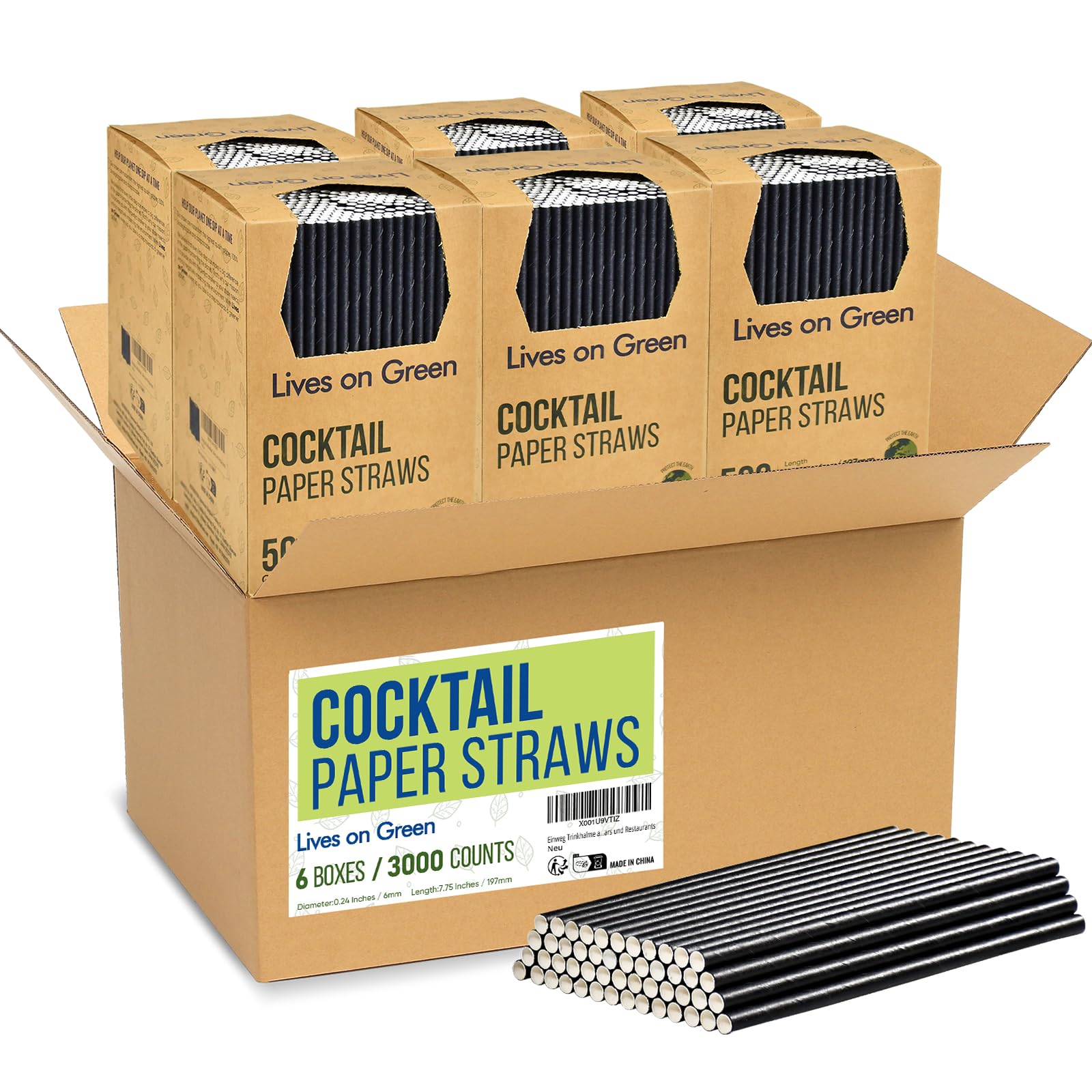 Lives on Green Disposable Black Paper Drinking Straws in Bulk for Cocktails, Coffee and Mixed Drinks - 19.7 x 0.6 cm, Pack of 3000 - for Bars and Restaurants