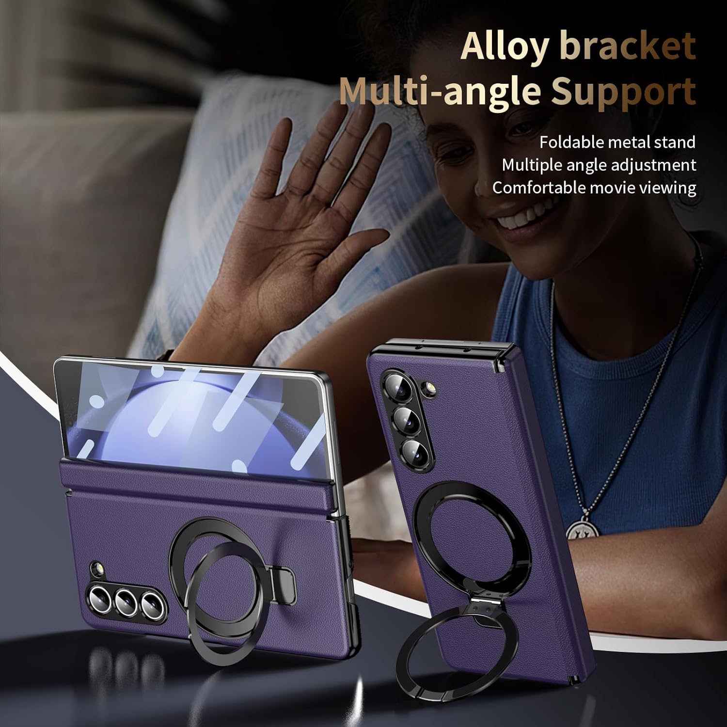 Magnetic Stand for Samsung Galaxy Z Fold 5 Case with Ring Holder, Compatible with Magsafe [Hinge Protection][Built in Screen Protector] Vegan Leather Full Body Slim Shockproof Cover, Purple