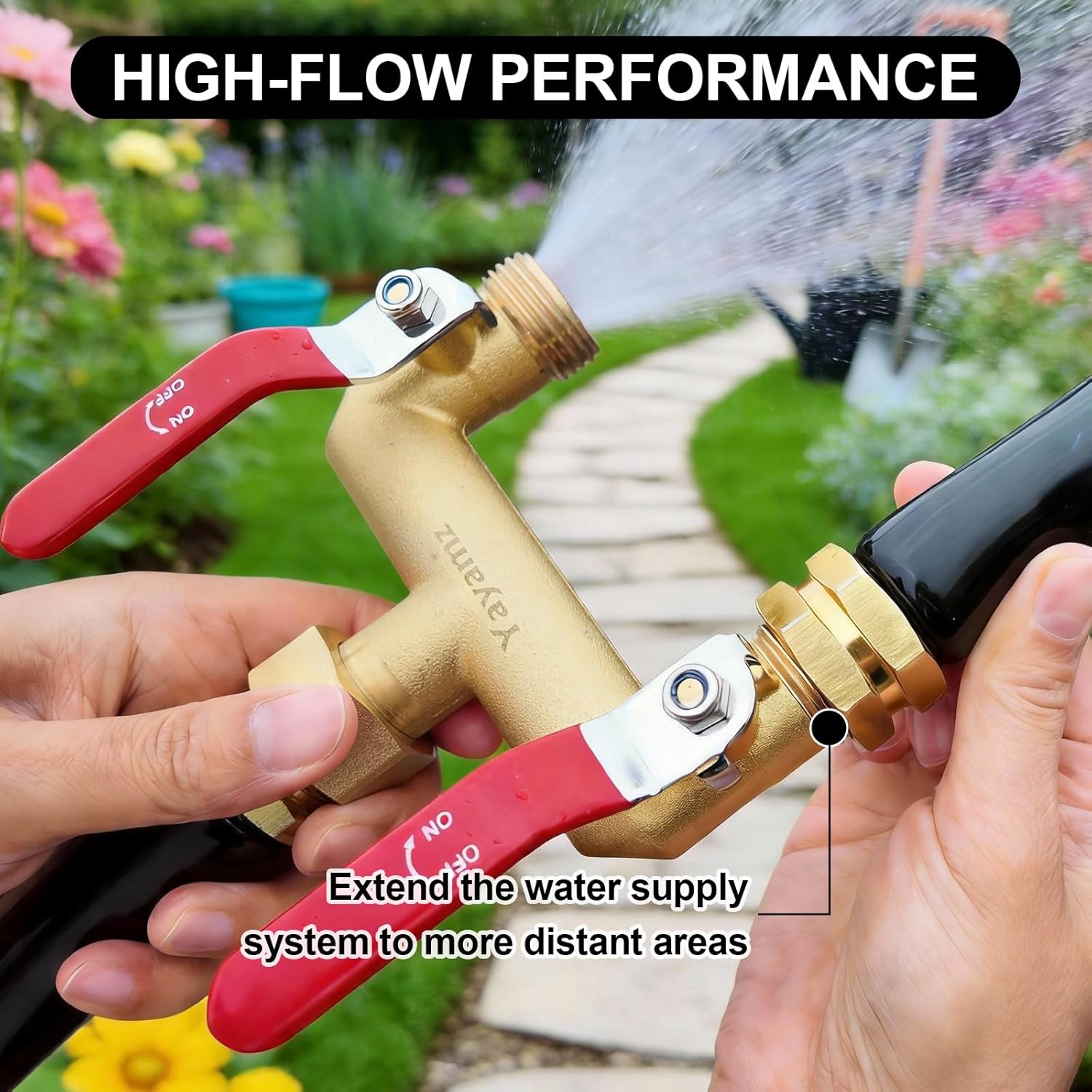 Garden Hose Splitter, 3/4” Rust and Freeze Resistant Outdoor Hose Manifold with 2 green Extra Long Handles Faucet Adapter-Heavy Duty Brass 2-Way Valve