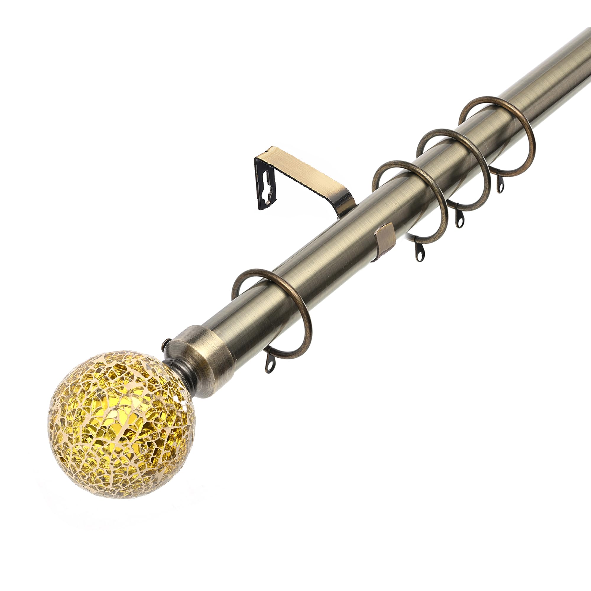 Lister Cartwright 28mm Antique Brass Adjustable Telescopic Extendable Metal Curtain Pole Set Rings with Crackle Glass Finial Voile Easy fit to Outdoor, Bedroom, Living Room (210-400 cm)