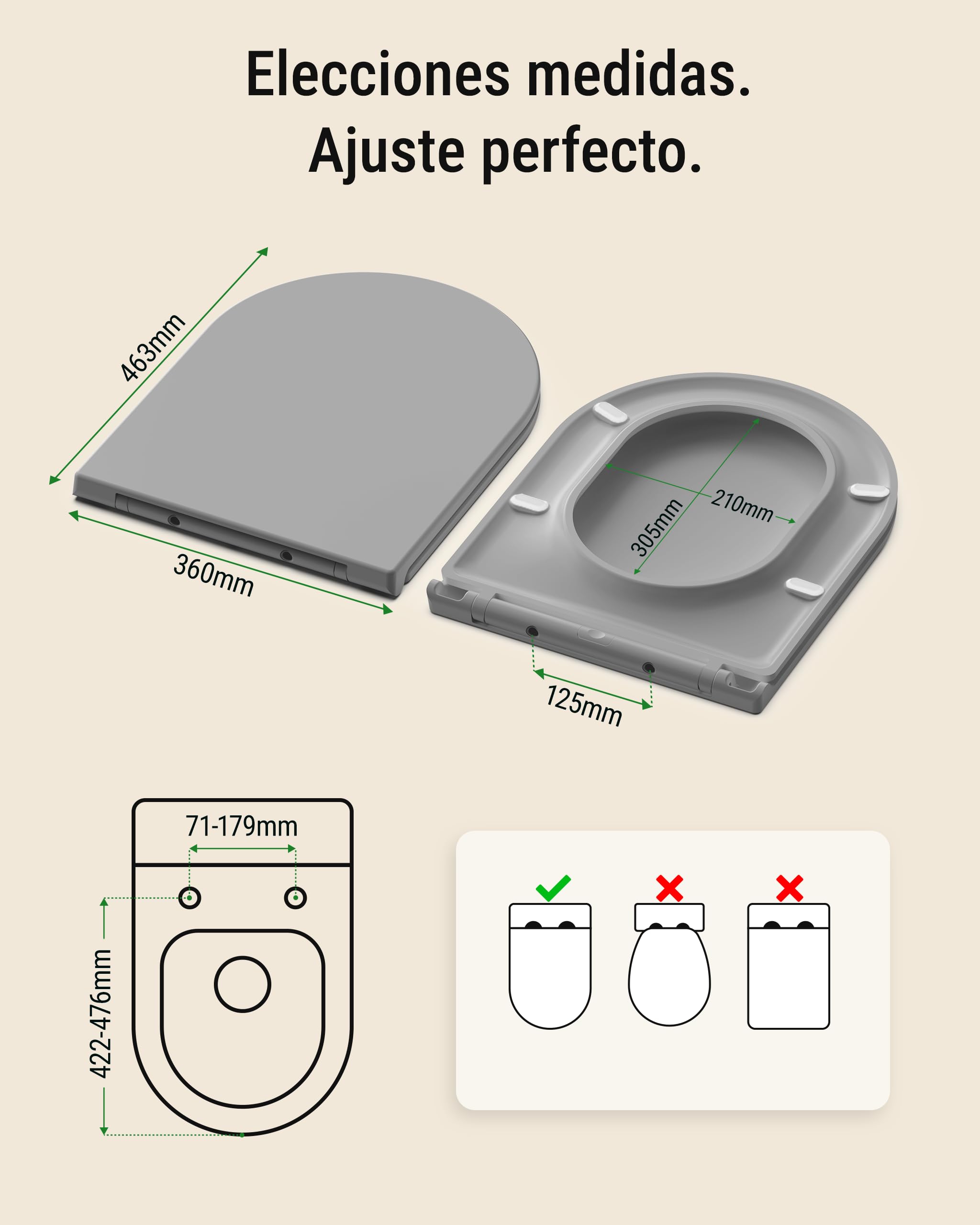 HySail Tapa WC Universal Con Cierre Amortiguado – Ecológica, Resistente a la Decoloración, Con Liberación Rápida Para una Limpieza Fácil (Gris, Forma en D Alargada)