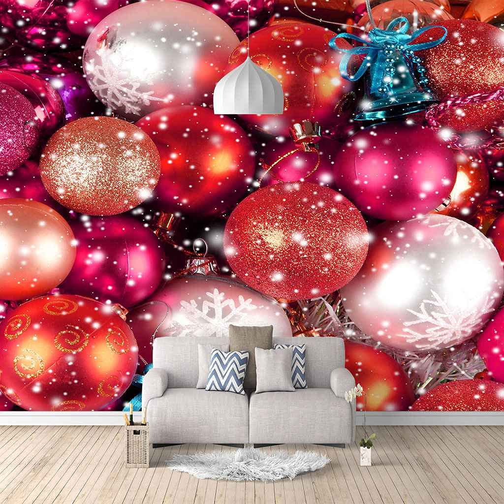 Papier peint photo de Noël boule rouge autocollant décor mural 3D canevas pour chambre 350x256cm