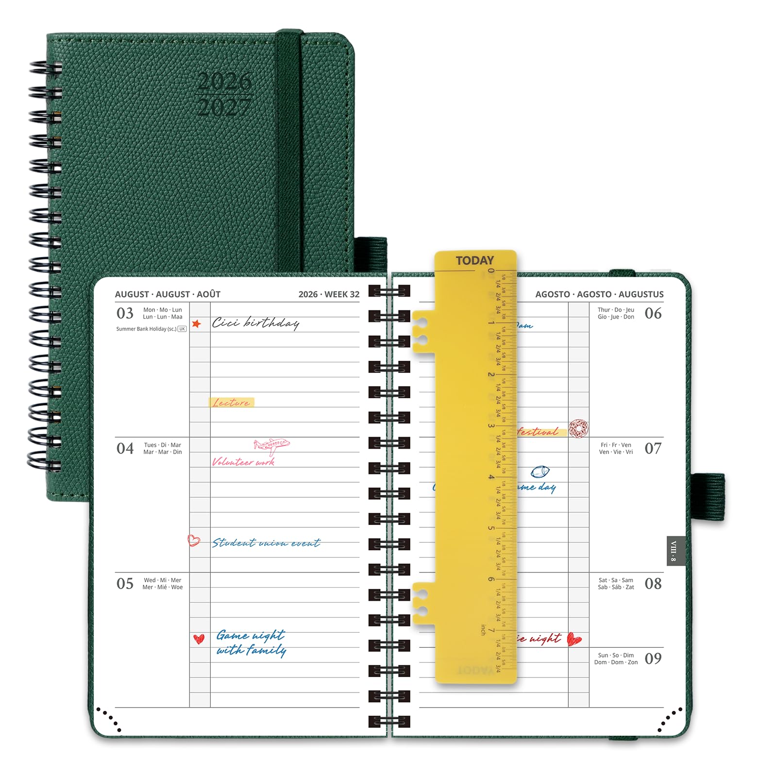 POPRUN 2026-2027 A6 Academic Diary Week to View (16x10.5 cm) Soft Cover Spiral Horizontal Weekly Planner 17 Months (Aug'26 - Dec'27) Mid Year 26/27(Foest Green)