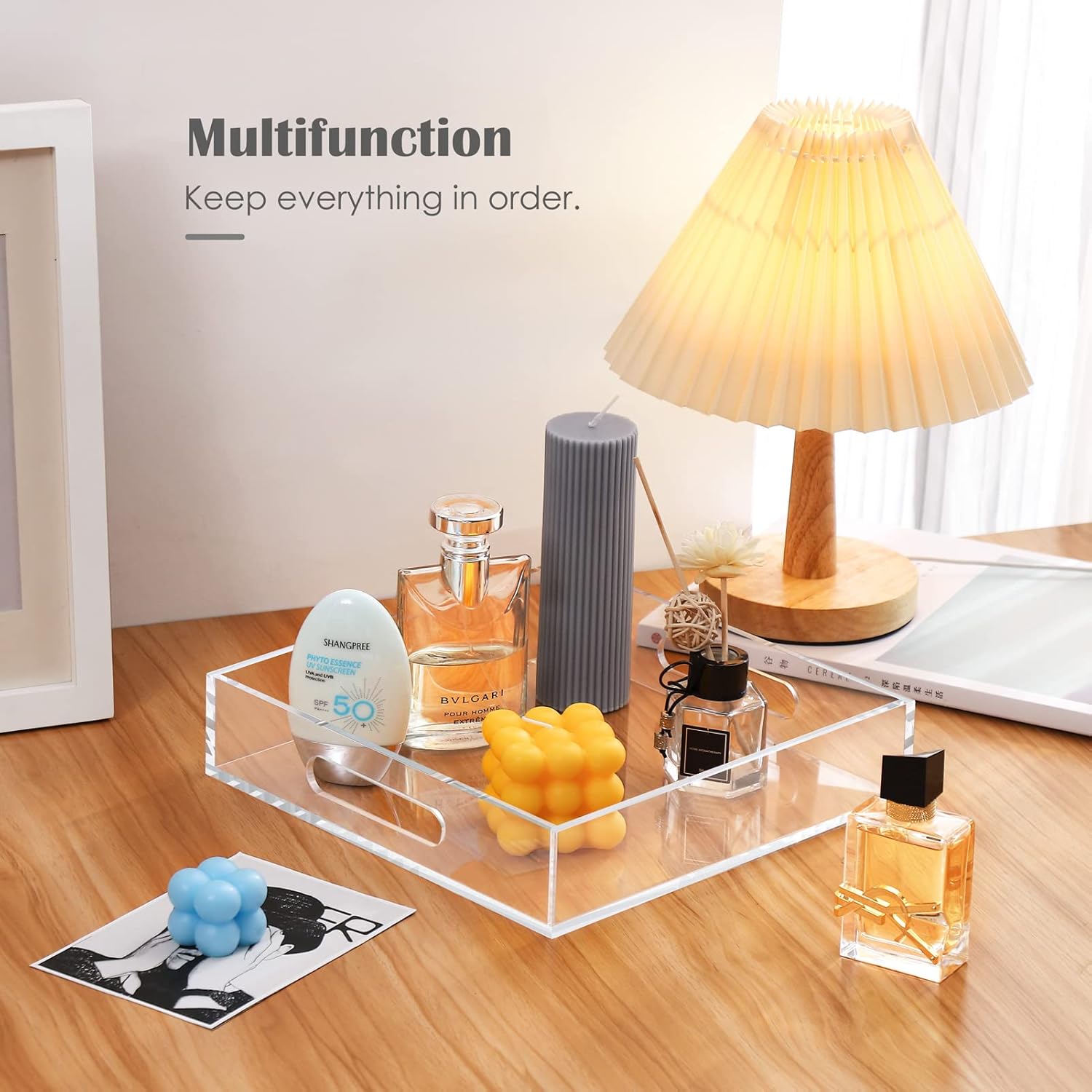 Home Decorative Coffee Table Tray, 10"x10" Elegant Acrylic Serving Trays with Handles Works for Eating, Breakfast, Makeup Drawer Organizer,Bathroom Vanity Table,Ottoman Tray, Clear - Image 5