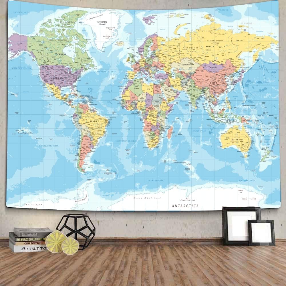 TOMOZ World Map Tapestry Wall Hanging for Kids Student, World Map with Countries and Major Cities Wall Tapestry Educational Tapestries for Bedroom Living Room Dorm Home Decor 90 x 60Inch