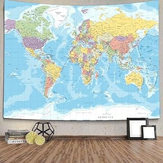 TOMOZ World Map Tapestry Wall Hanging, World Map with Countries and Major Cities Tapestryfor Kids Student, Educational Tapestry for Bedroom Living Room Dorm Home Decoration 60 x 51Inch