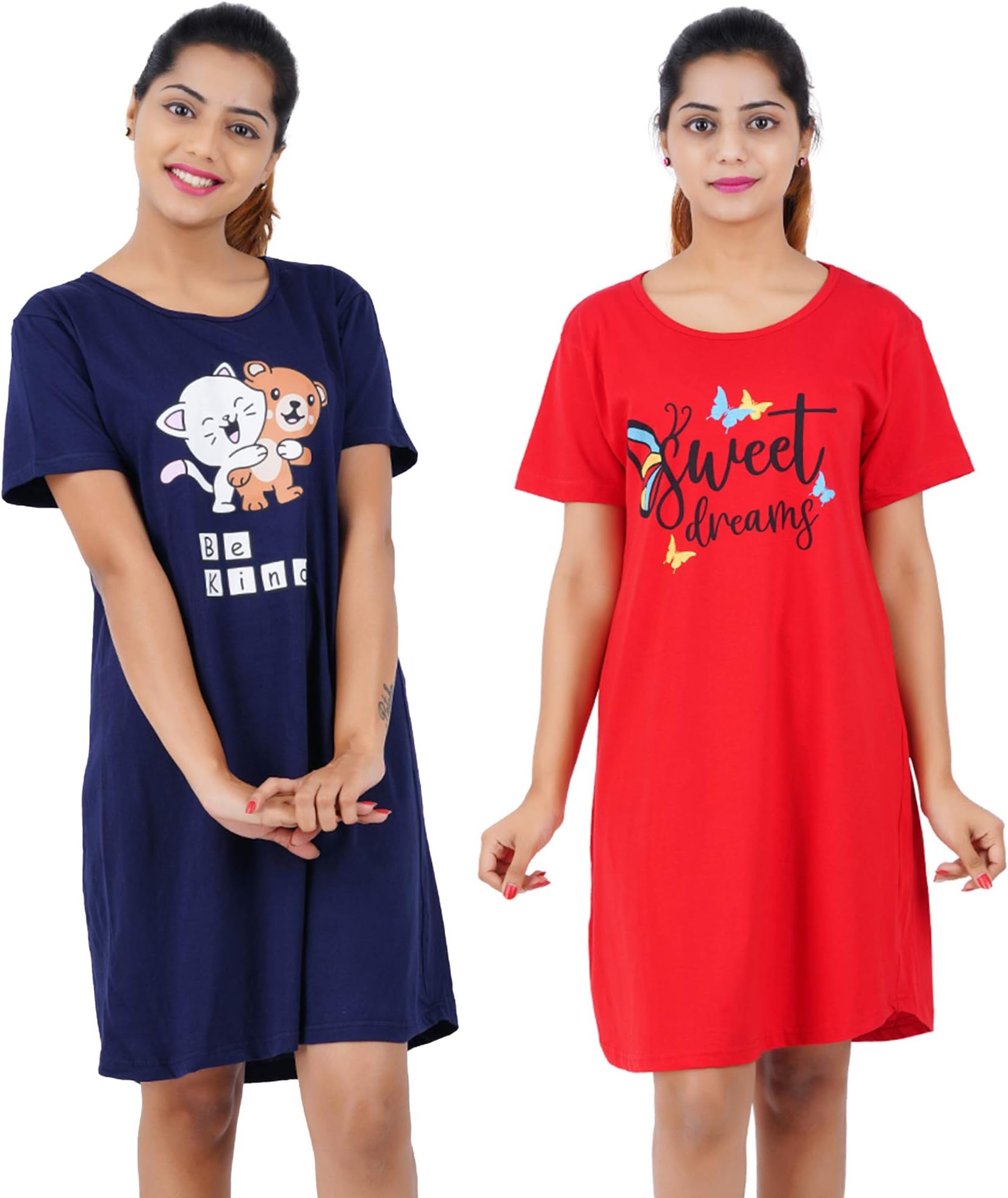 Buy That TrendzWomen's Cotton Graphic Print Knee Length Short Nightdress (Pack of 2)