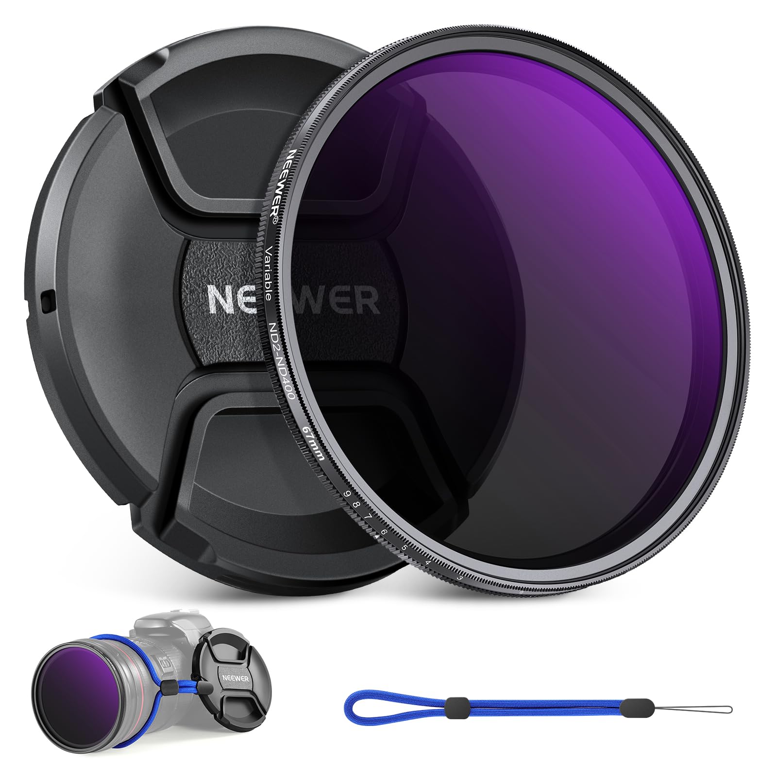 NEEWER 67mm Filtro ND2-ND400 Variabile (1-9 Stop) con Copriobiettivo, Cordino, Panno da Pulizia, Regolazione Precisa della Densità Neutra, Vetro Ottico Multistrato, Anti Impronte Digitali e Antigraffi