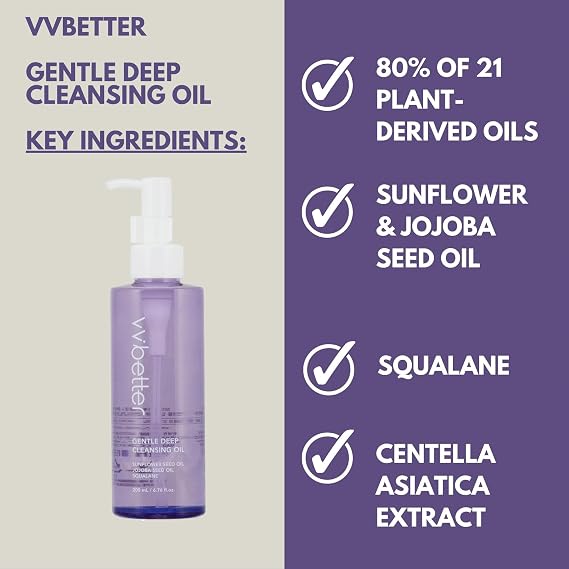 Gentle Deep Korean Cleansing Oil for Face - Makeup Remover with 80% Plant-Derived Oils - Hypoallergenic Facial Oil Cleanser - Korean Skin Care for All Skin Types - 6.76 fl. oz
