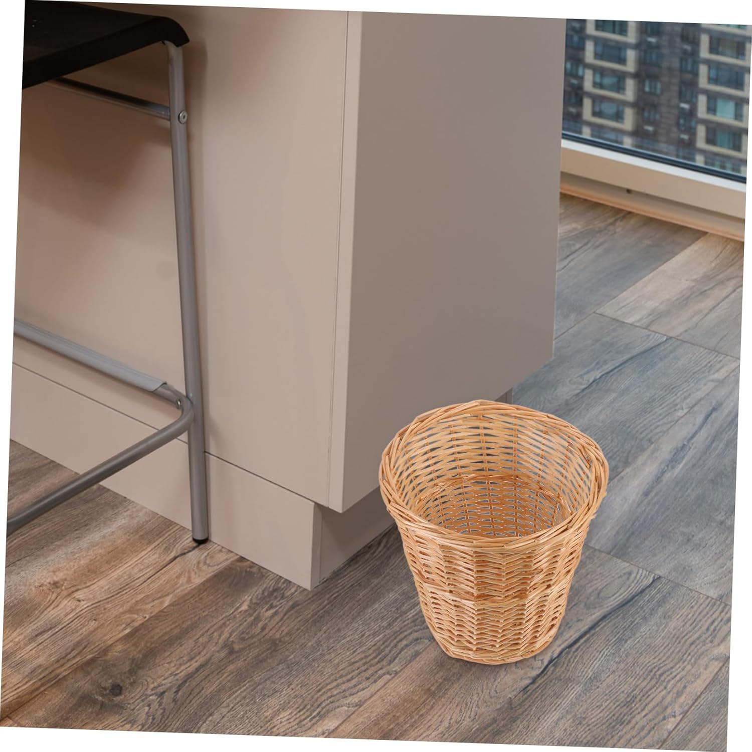 VILLCASE Pastoral Style Woven Trash Can Basket Lightweight Rattan Wastebasket for Home Office Decorative Desktop Storage and Flower Basket Vintage Chic Organizer