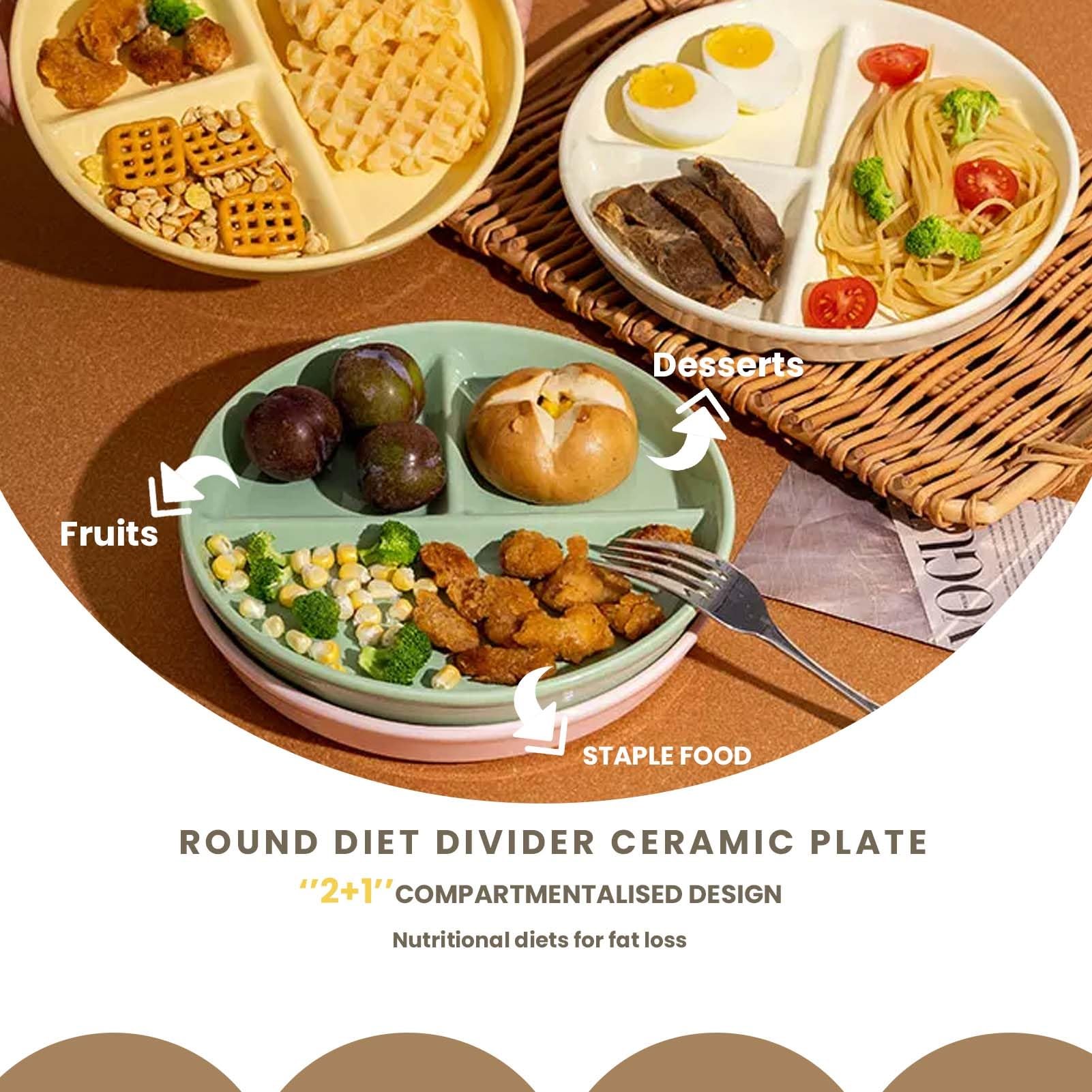 Assiette De Contrôle Des Portions En Céramique 3 Compartiments - Plateau Repas Équilibré Vert