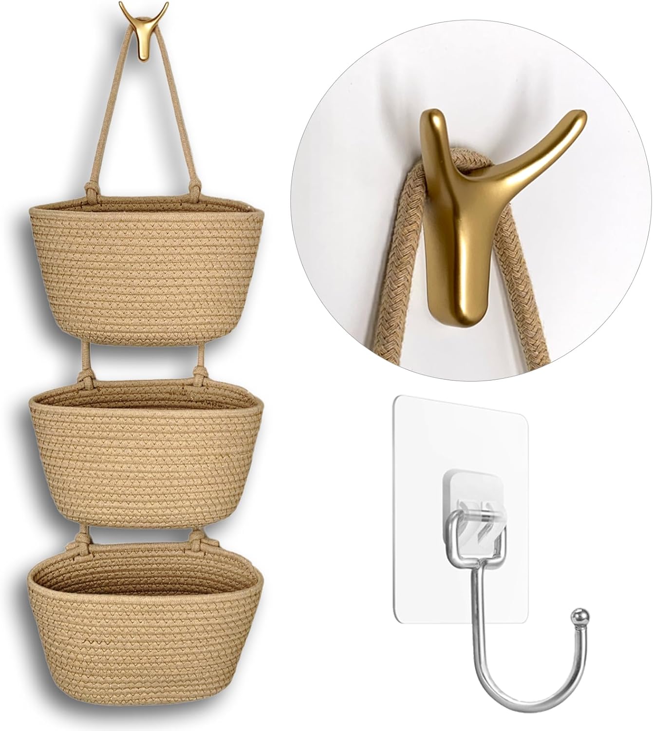 3-tier decorative cotton rope hanging basket, wall-mounted woven storage organizer bag, jute