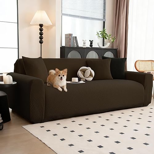 Miniatura 2 de Funda elástica impermeable para sofá con reposabrazos, funda protectora contra manchas con forro (café, 2 asientos (57 a 70 pulgadas)