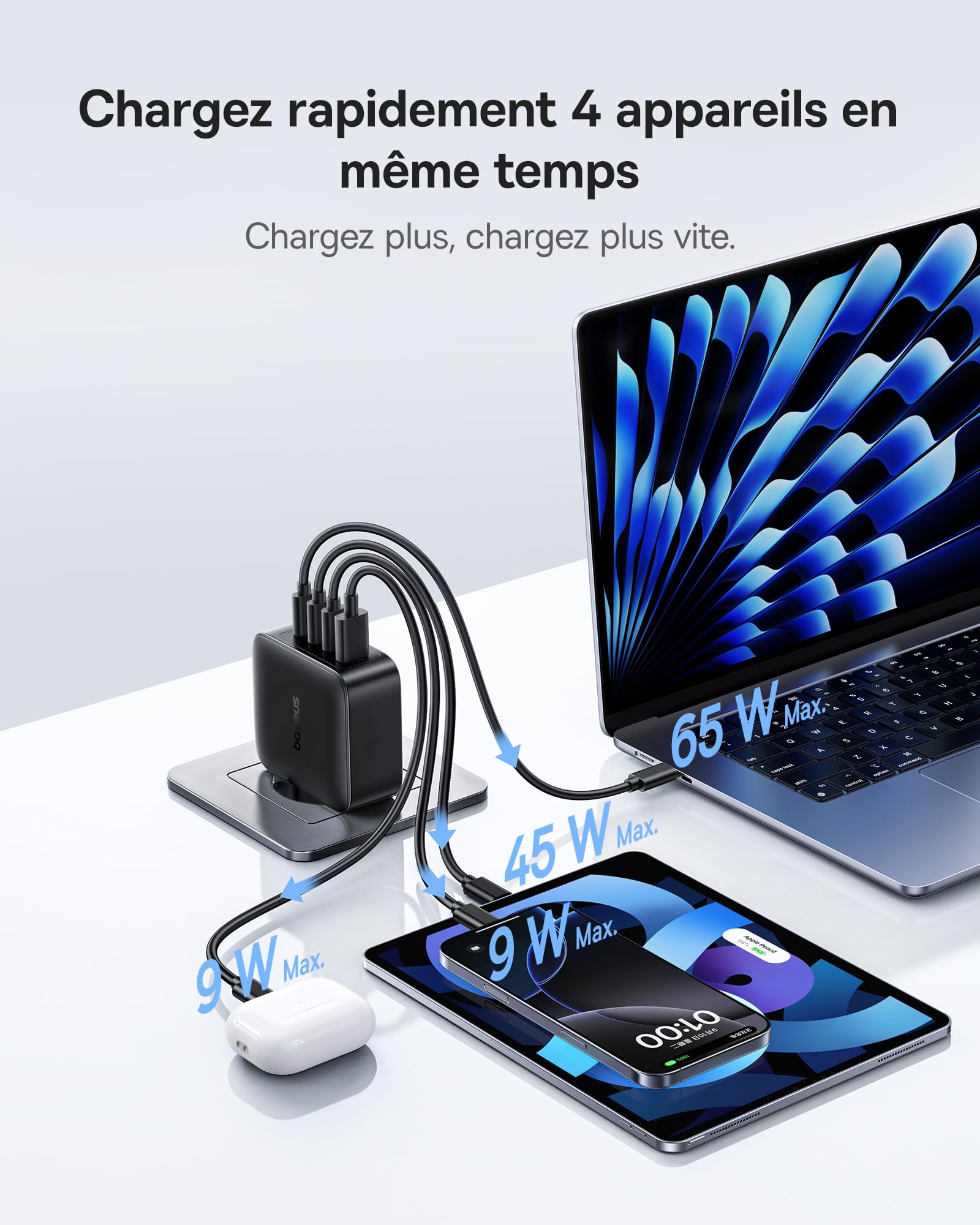 Baseus Enerfill Chargeur USB C 140 W, Bloc d'alimentation USB C à 4 Ports, Chargeur PD avec PPS, Chargeur Rapide GaN Compatible avec MacBook Pro/Air, iPhone 17/16/15/14Serie, Galaxy S25, iPad Pro