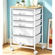 SUNALLY Rolling Carts With 5 Drawers, Storage Drawer Carts with Wooden Tabletop and 2 Lockable Wheels, Rolling Utility Cart for Craft Art Supply Storage & Home Office Organization, White