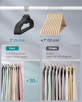 SONGMICS Pack of 30 Coat Hangers, Space-Saving Plastic Clothes Hangers | Non-Slip, 0.2 Inches Slim, 16.5 Inches Wide, 360 Swivel Silver Hook, Black and Gray, UCRP20BK30