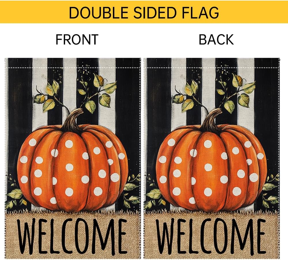Welcome Fall Garden Flag Polka Dots Pumpkin Thanksgiving Garden Flags For Outside Burlap Decor, Double Sided Vertical Autumn Decor Patio Lawn Yard Outdoor Decoration 12x18 Inch - Image 6