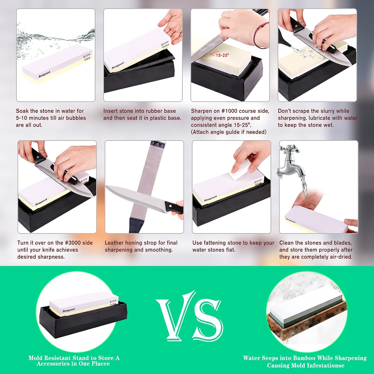 Sharpening Stone Whetstone Set 2 Side Grit 1000/6000 Knife Sharpening Stone Polishing Tool for Kitchen Knife Sharpeners Stone with Plastic Base,Flattening Stone and Leather Strop : Tools & Home Improvement