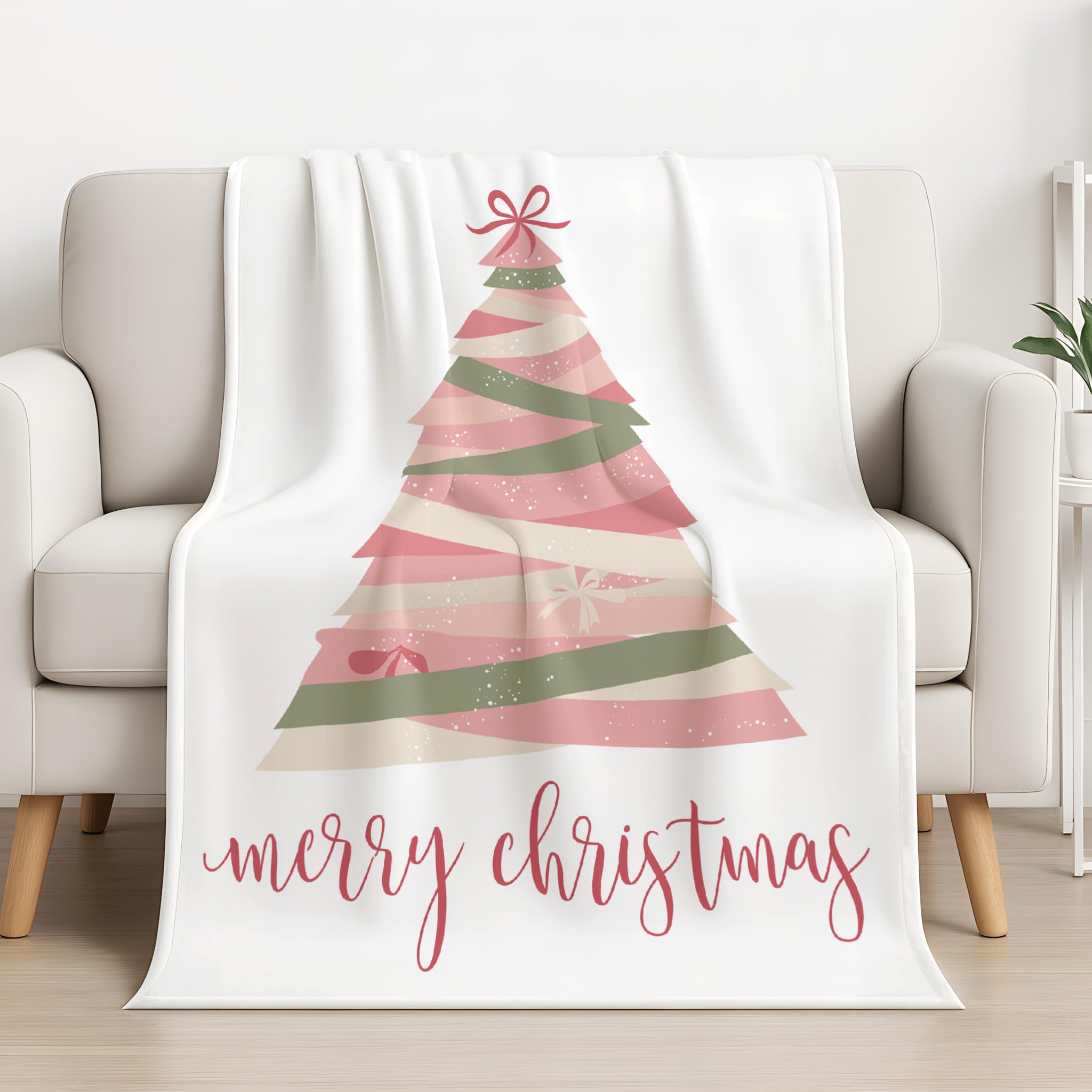 Generico Puszysty koc na sofę 220 x 270 cm, jasnoróżowy motyw choinki koc prezenty dla mamy taty chłopak dziewczyna rodzina wstążka kokarda koce do domu sofa łóżko pokój dziecięcy