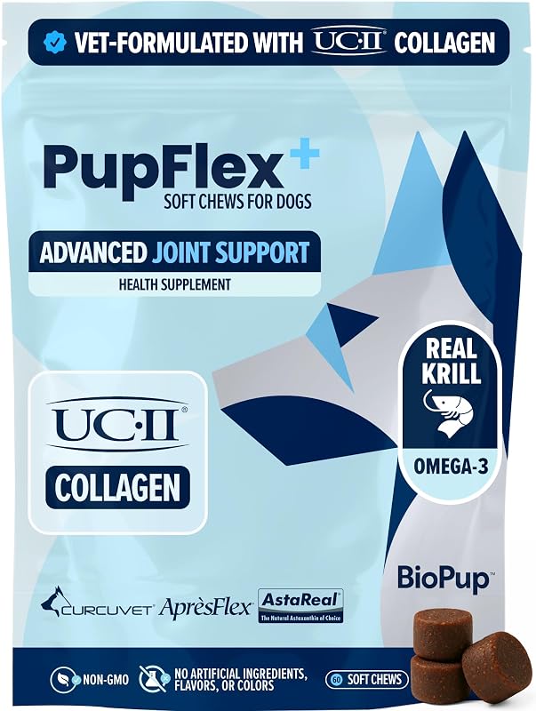 Suplemento para Quadril e Articulações de Cães BioPup PupFlex+ com Colágeno UC-II®, CurcuVET® e Ômega 3, 60 unidades