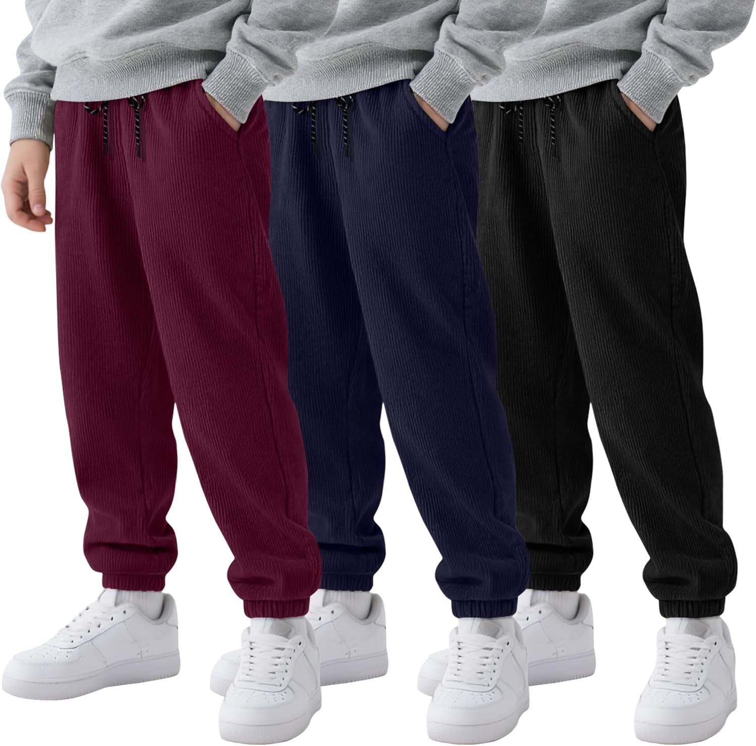 LessonZoo 3 Pack Boys Joggers Kids Corduroy Sweatpants Casual Elastic Waist Drawstring Athletic Uniform Pants with Pockets