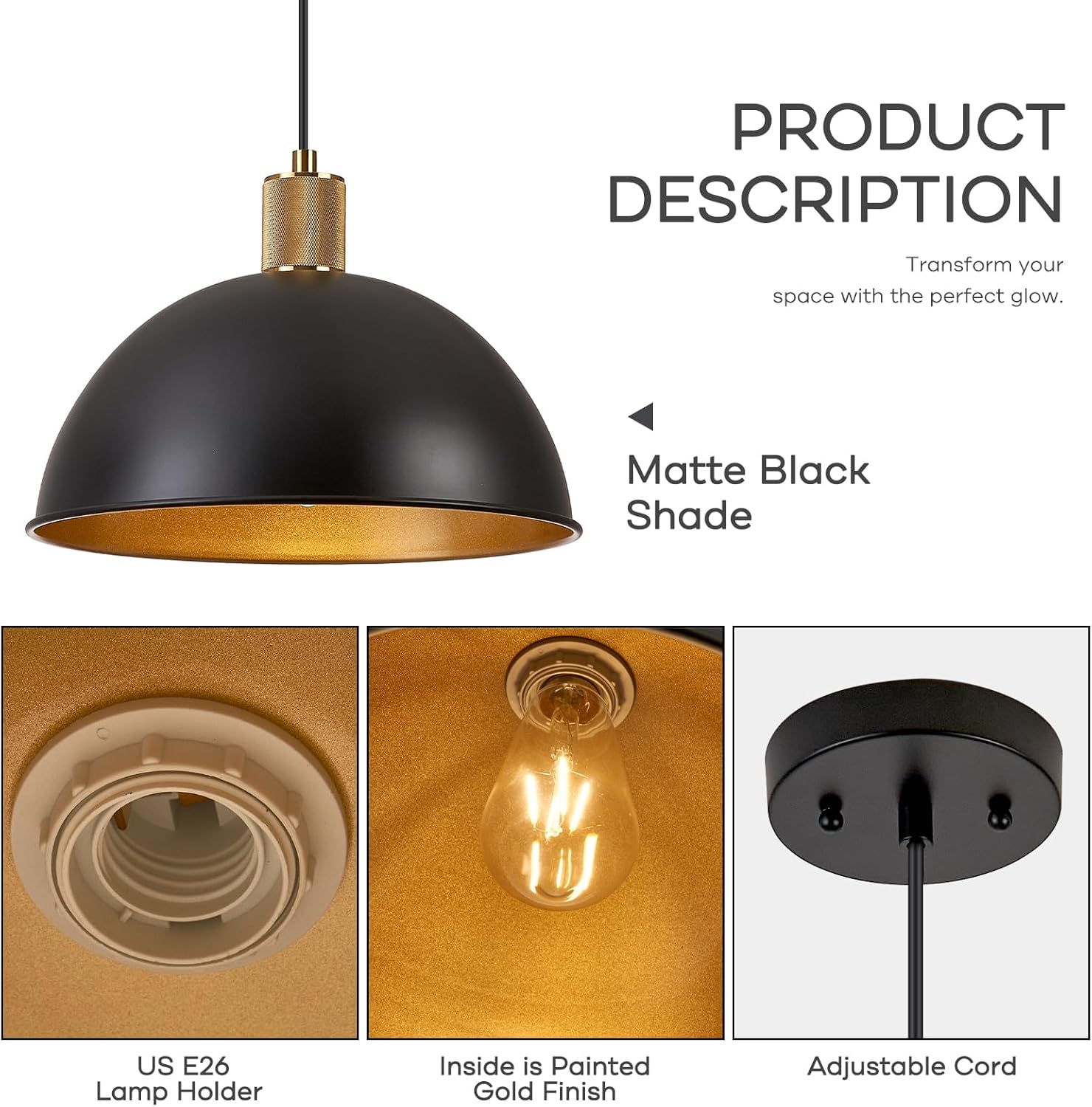 12 Inch Black Dome Pendant Lights 3 Pack for Kitchen Island, Height Adjustable Farmhouse Industrial Hanging Light Fixtures Over Table for Dining Room, Entryway